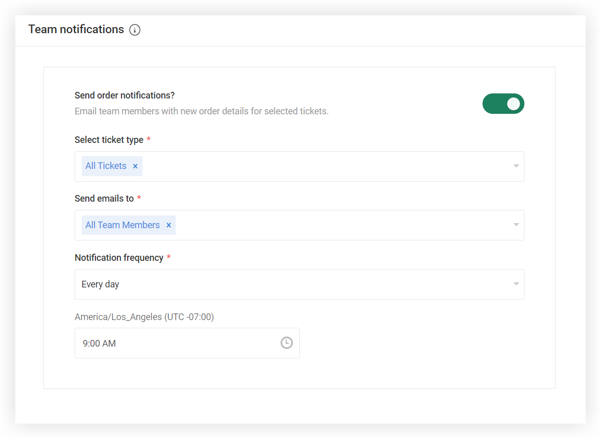 The Team Notifications page. The 'Send Order Notifications' toggle is active.