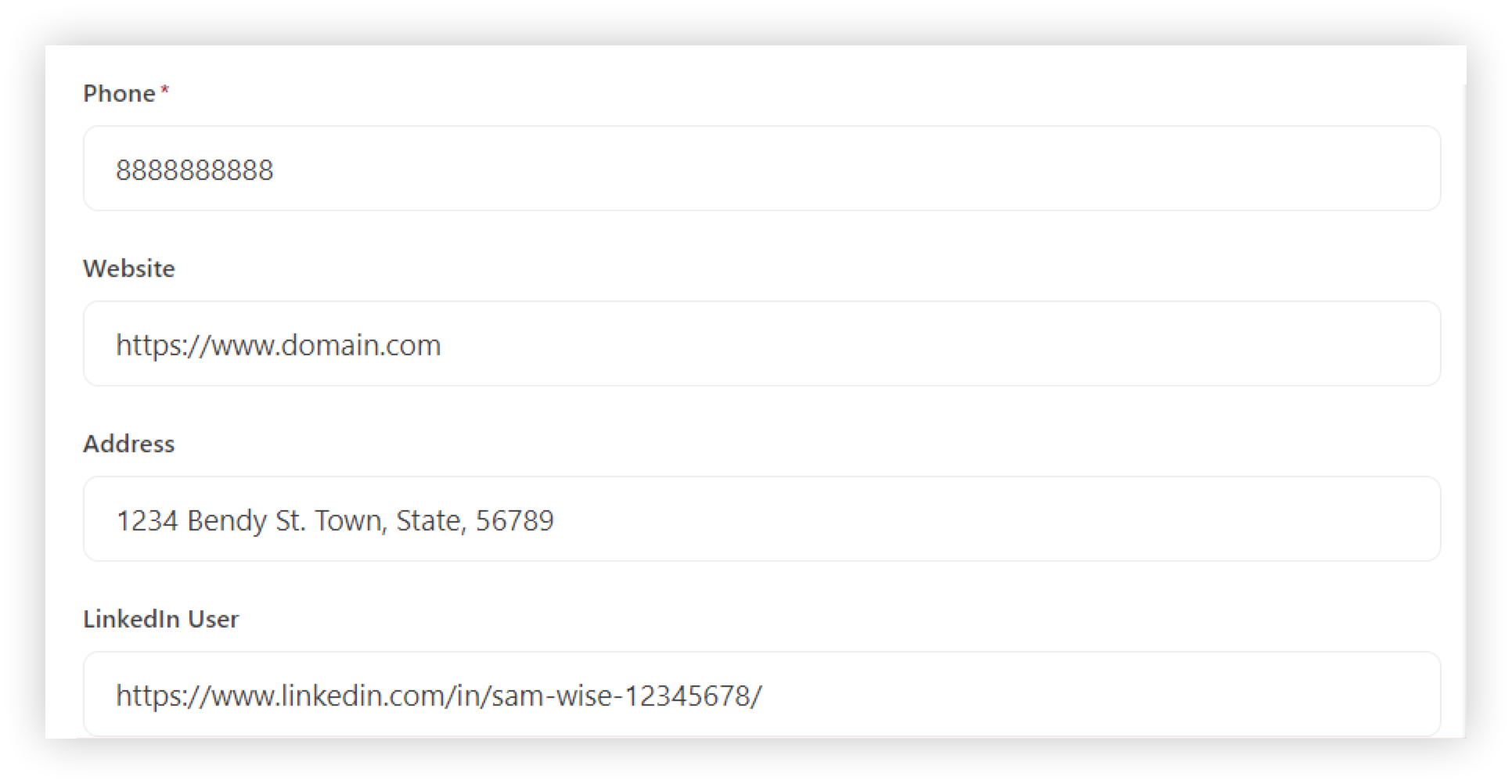 Several accounts question types as they appear on a Webex Events Registration checkout form.