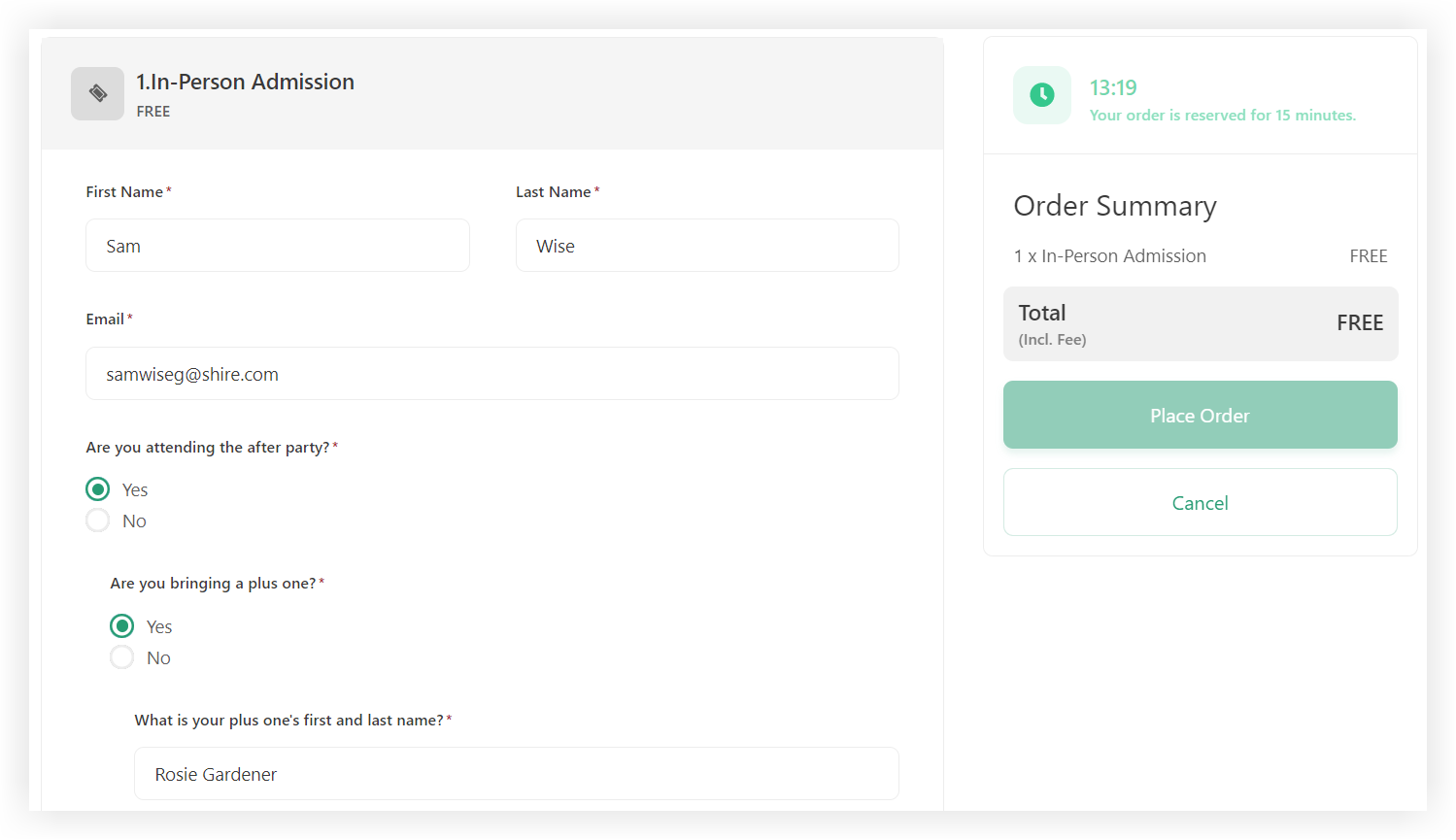 A registration form. A question about after party attendance and two follow-up questions are visible.
