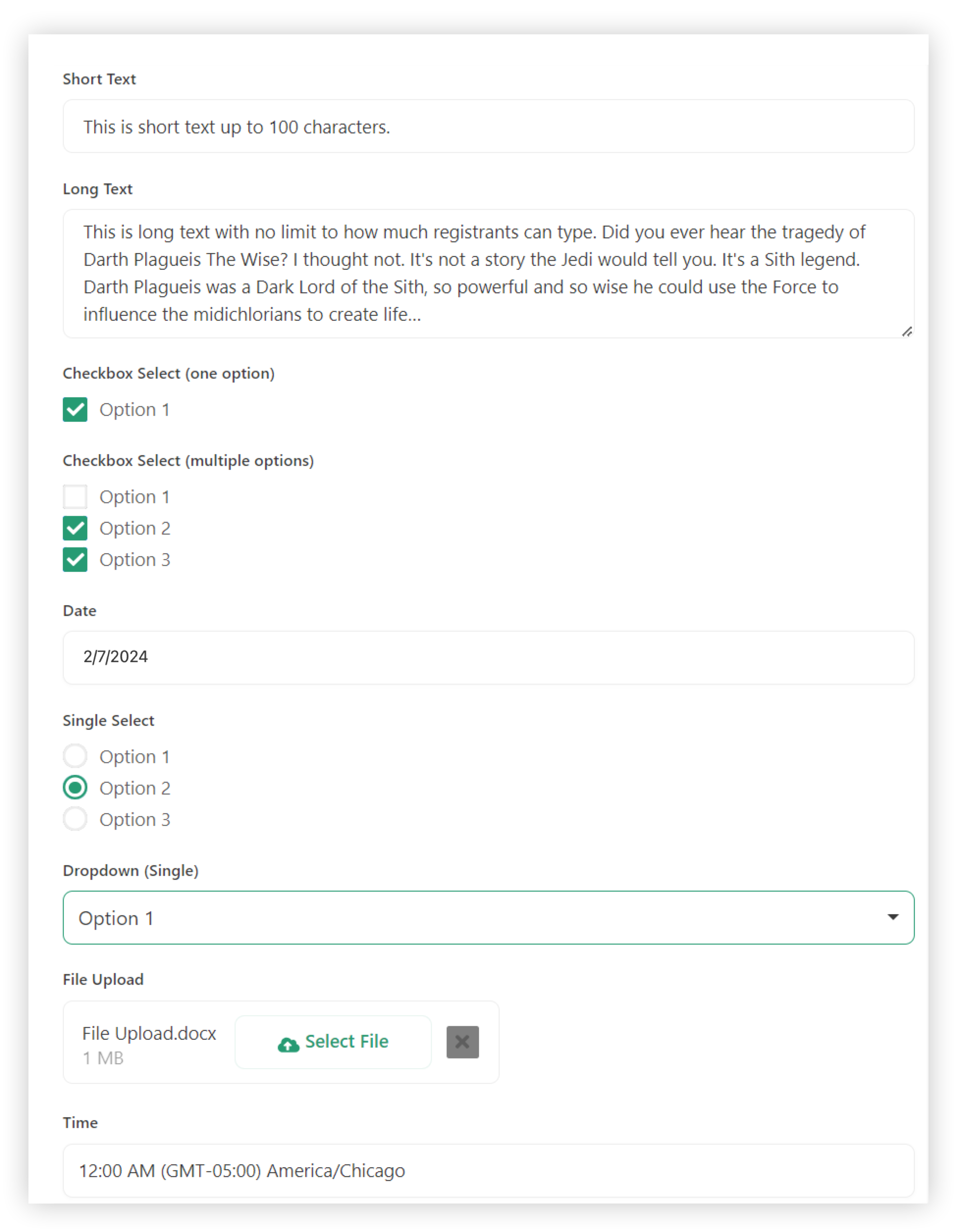 Custom question types as they appear on a Webex Events Registration checkout form.