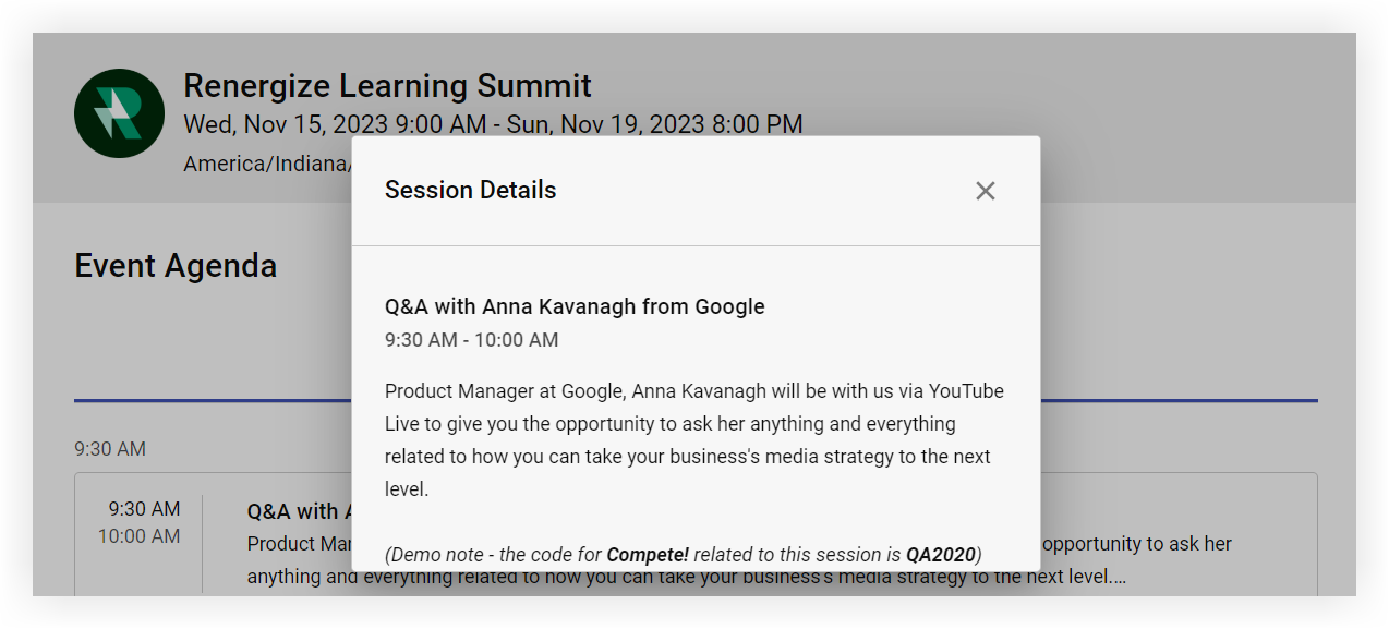 The session details pop-up in the Agenda widget.