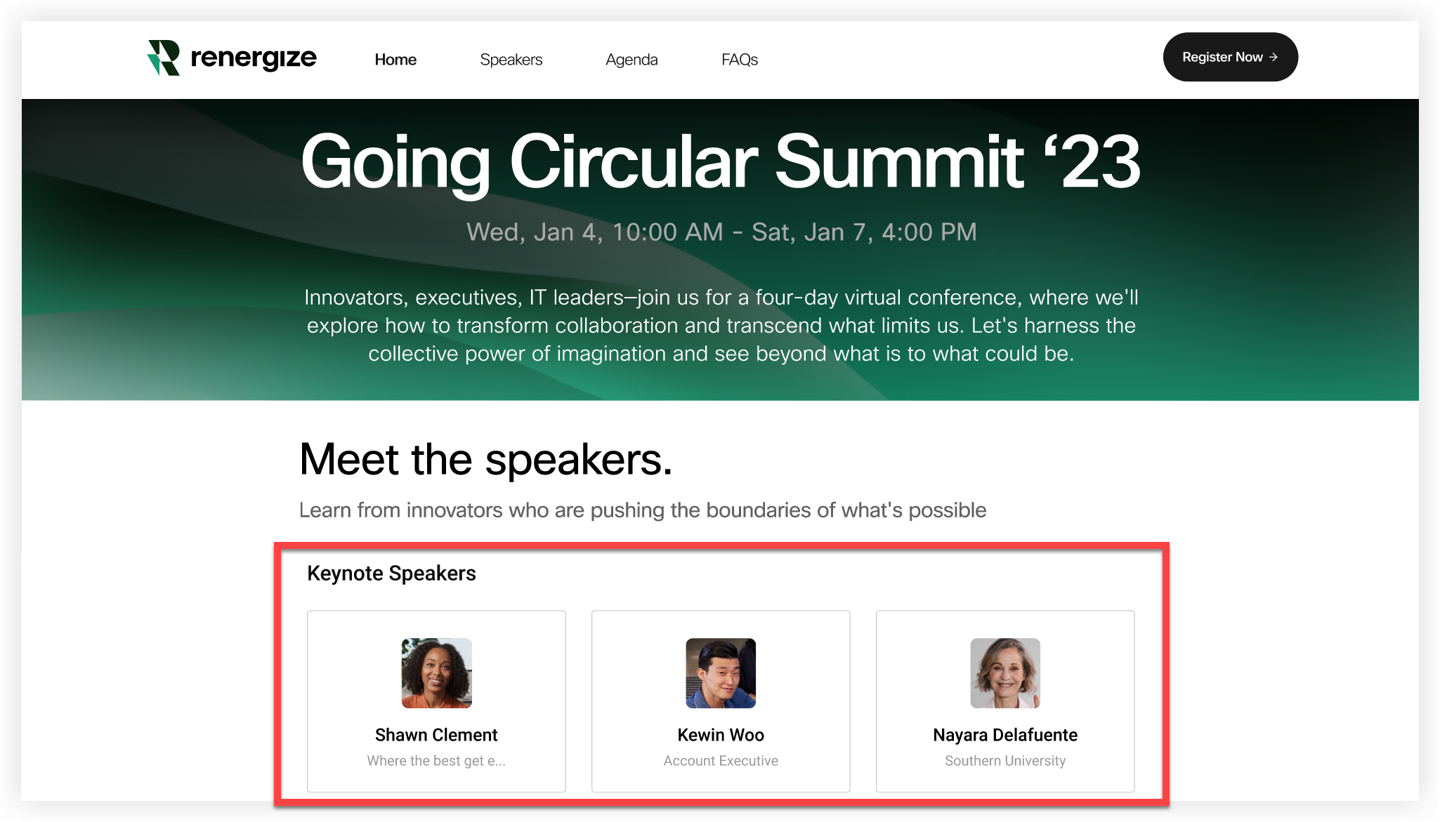 A speakers type widget embedded in an event website.