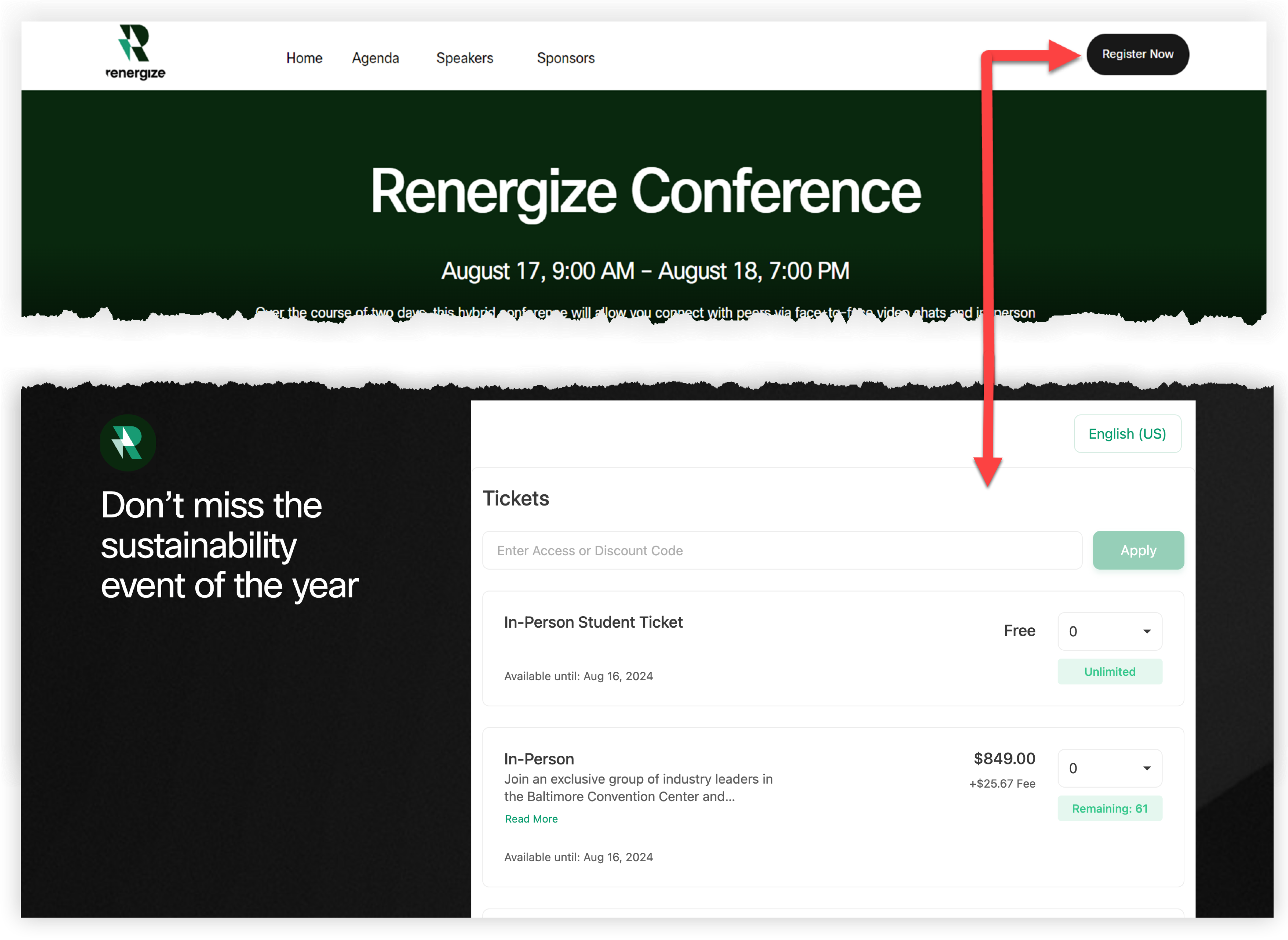 The Register Now button and ticket widget on the demo event website.