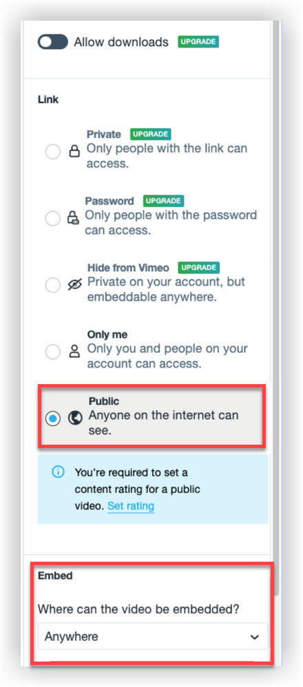The Link settings in Vimeo.