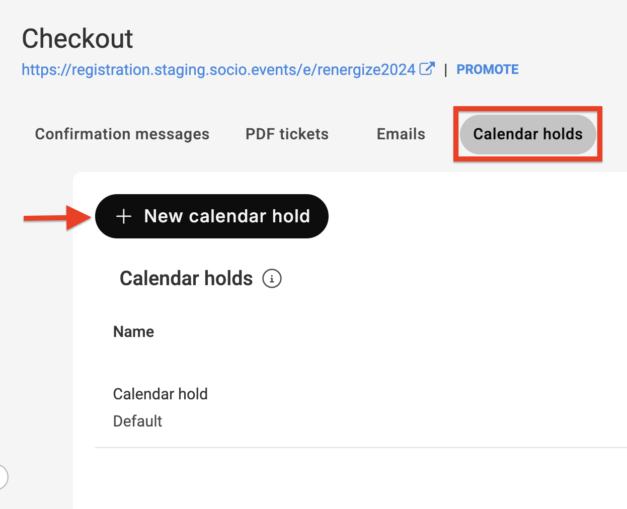 A picture showing where to create a new calendar hold under Calendar holds tab.