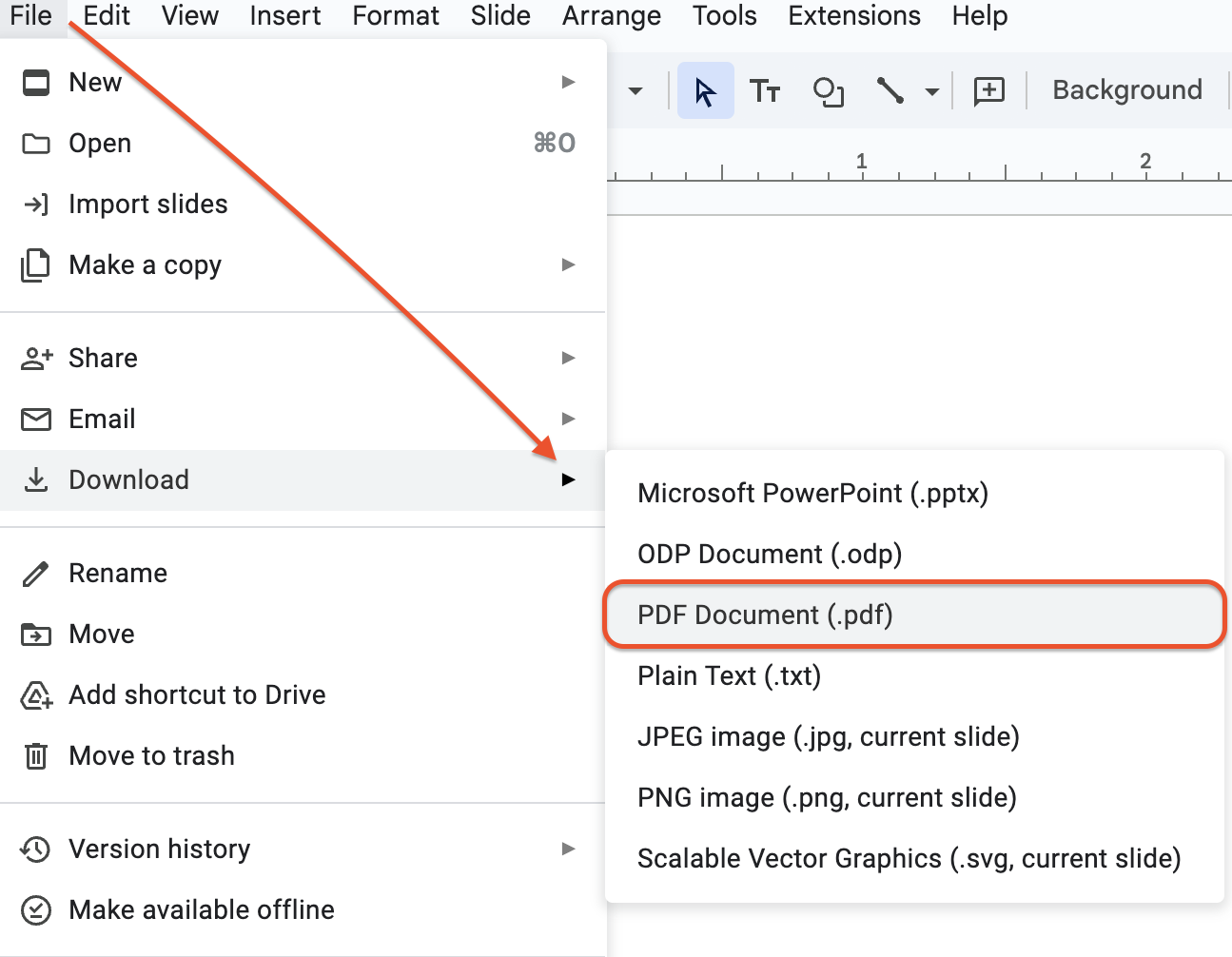 File page in Google Slides. Download option then PDF Document option is
        highlighted.