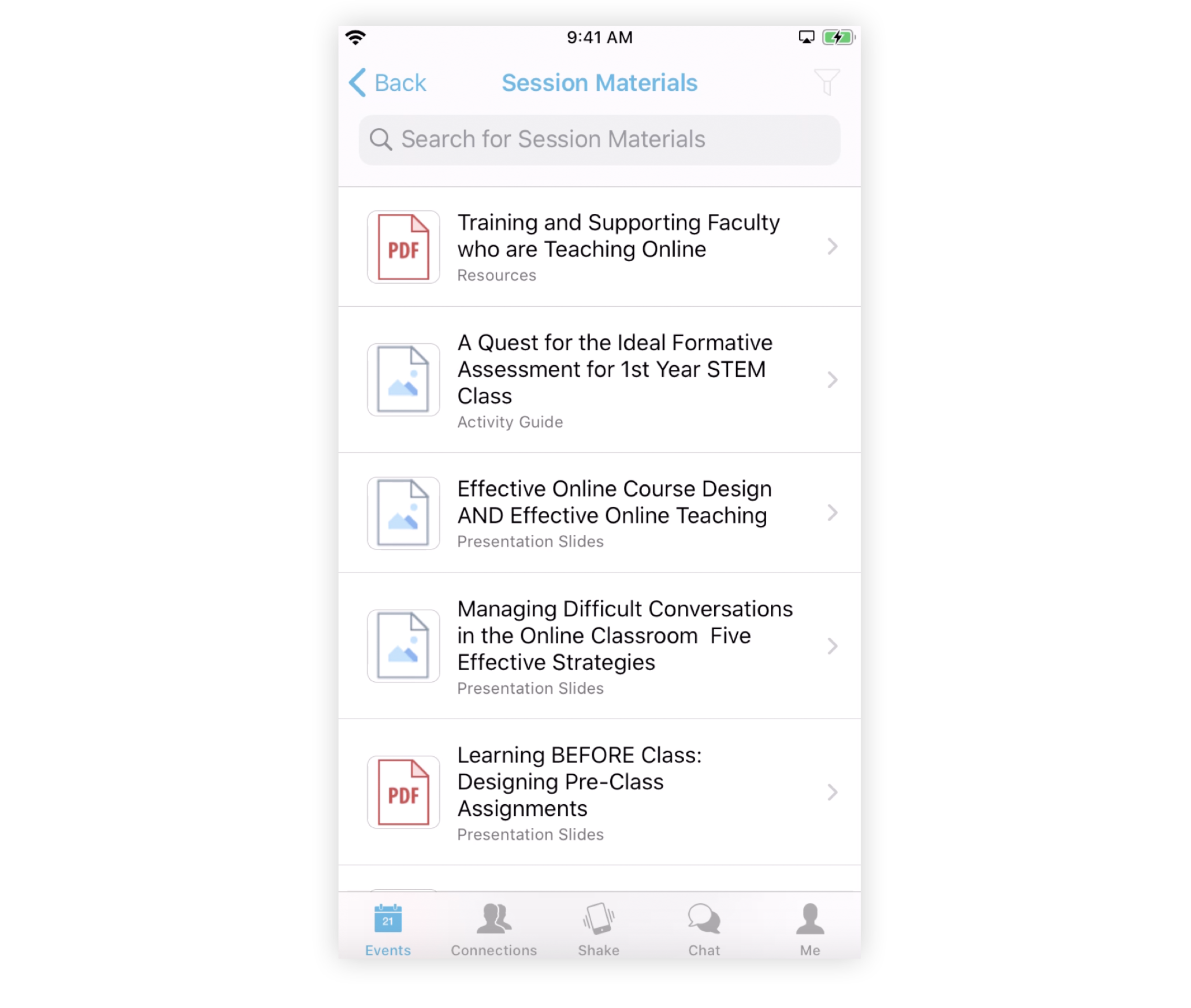 A list of session materials on the Mobile App.
