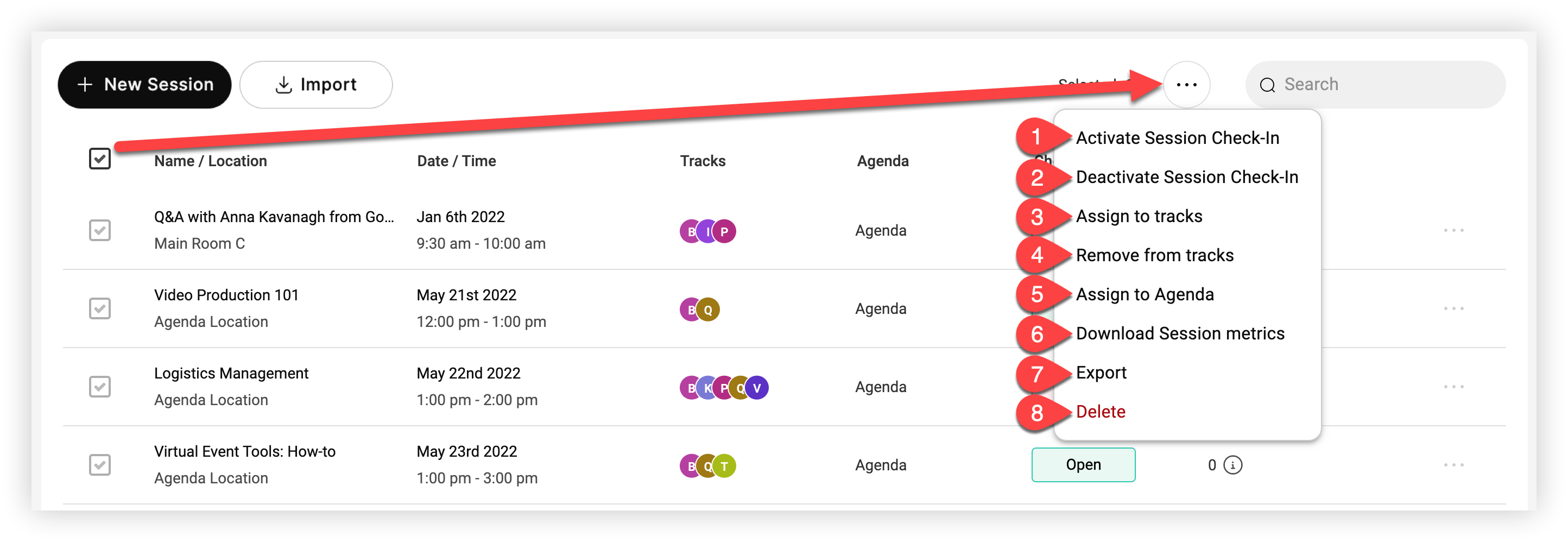 The steps just described. Each item in the drop-down menu has a corresponding number to the list below.