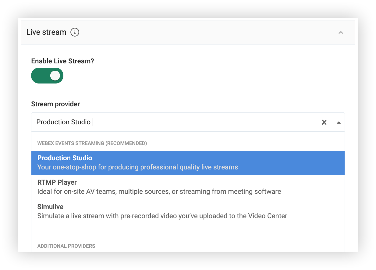 Production Studio selected in the Stream provider drop-down of a Session
              modal.