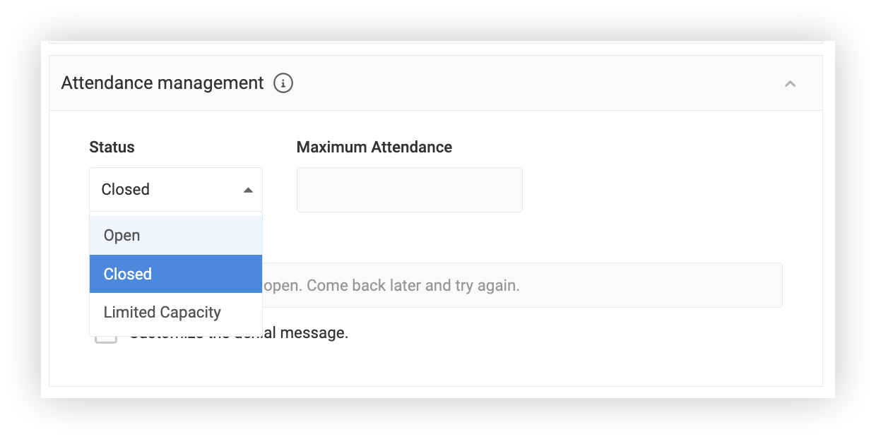 The Attendance Management section of the session creation modal.
