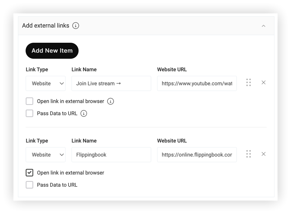 The Add external links section of the modal.