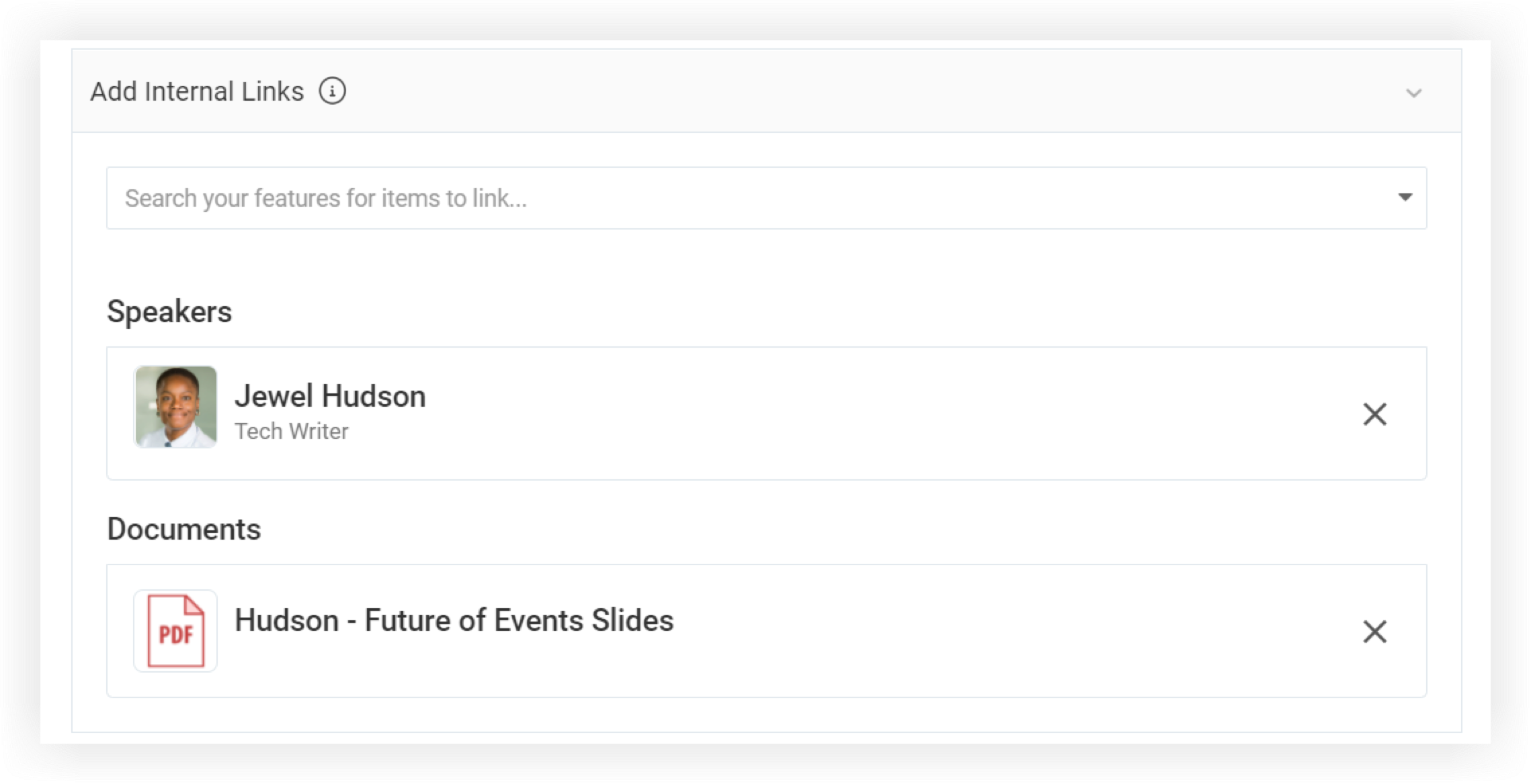 The Add Internal Links section of the New Session modal.