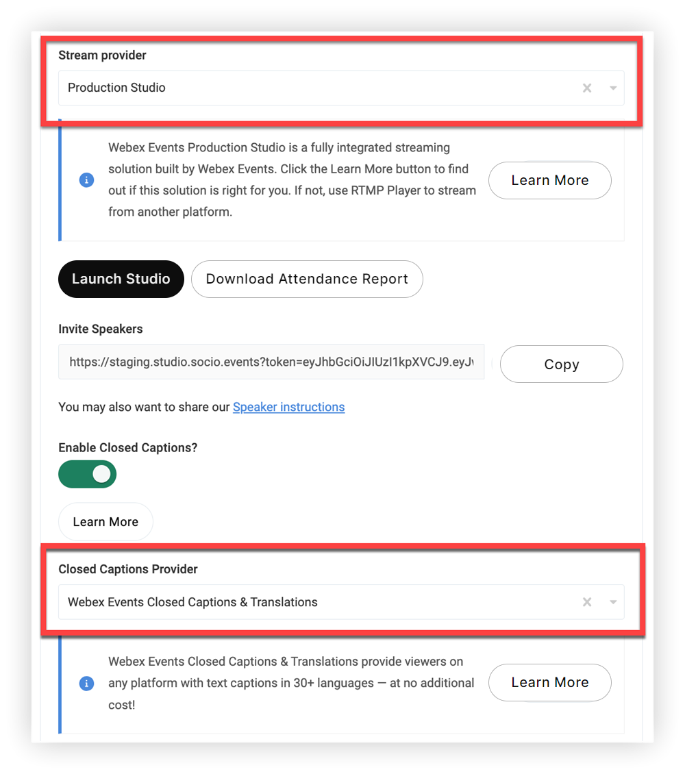 The Stream provider and Closed Captions Provider fields in the New Session modal.