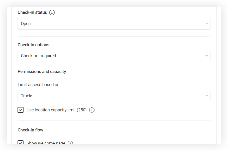 The Session Check-in Settings area when creating a new Session in the Webex Events platform. Session access is limited by both tracks and capactiy.