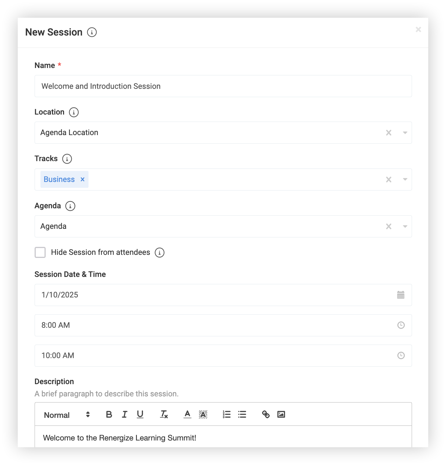The New Session modal.