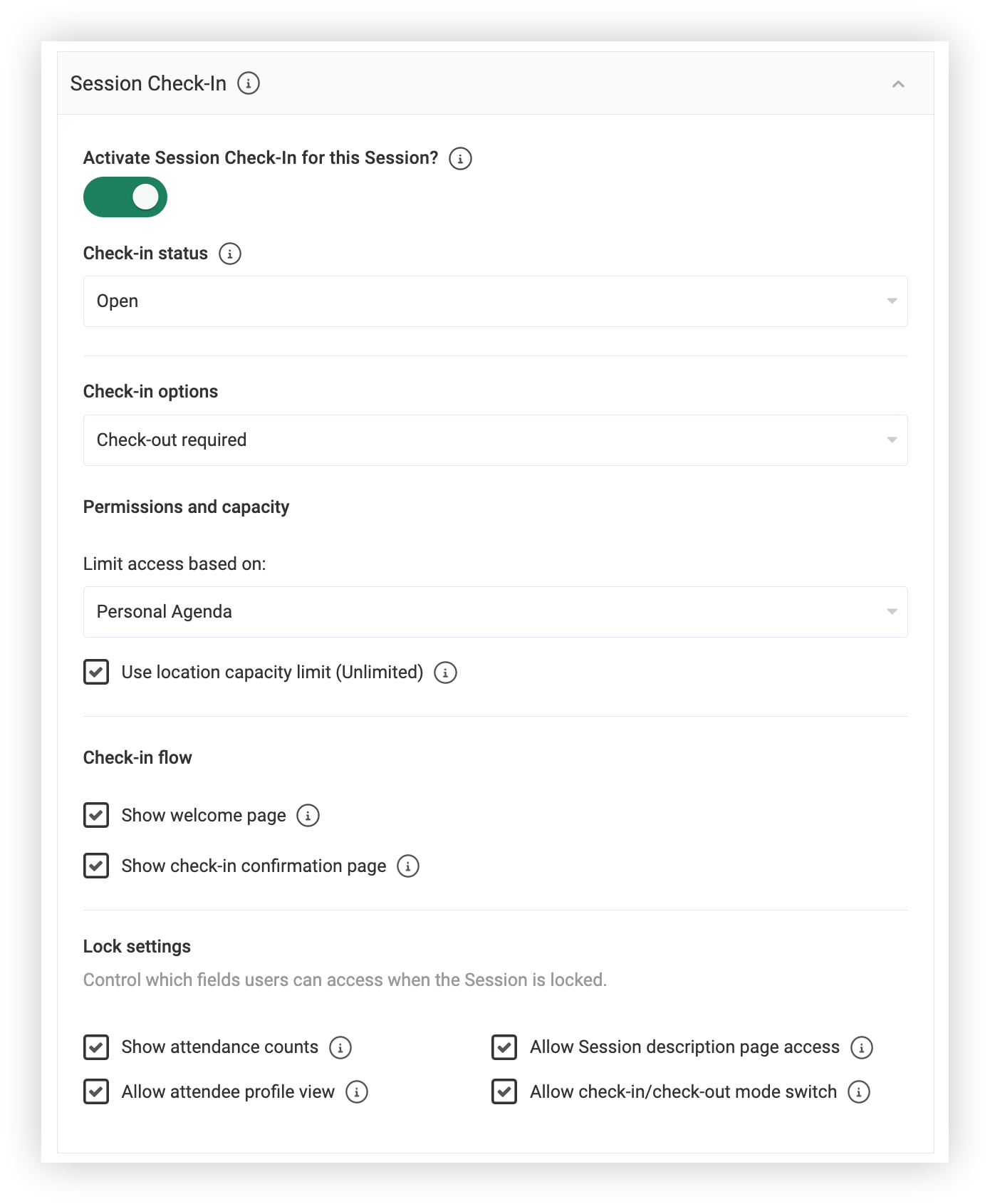 The settings and options in the Session Check-in section of the Session modal.