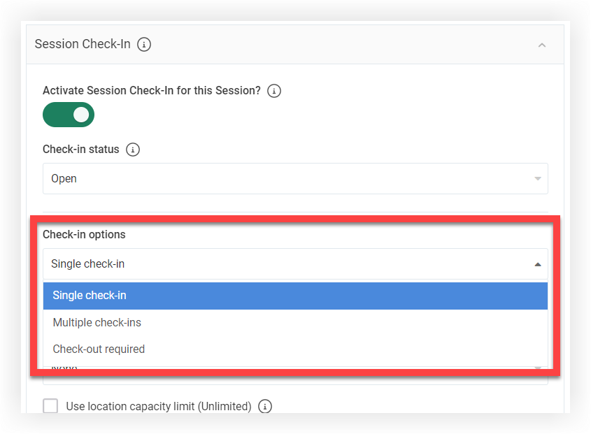 The Check-in options drop-down in the Session Check-in section of an Edit Session modal.