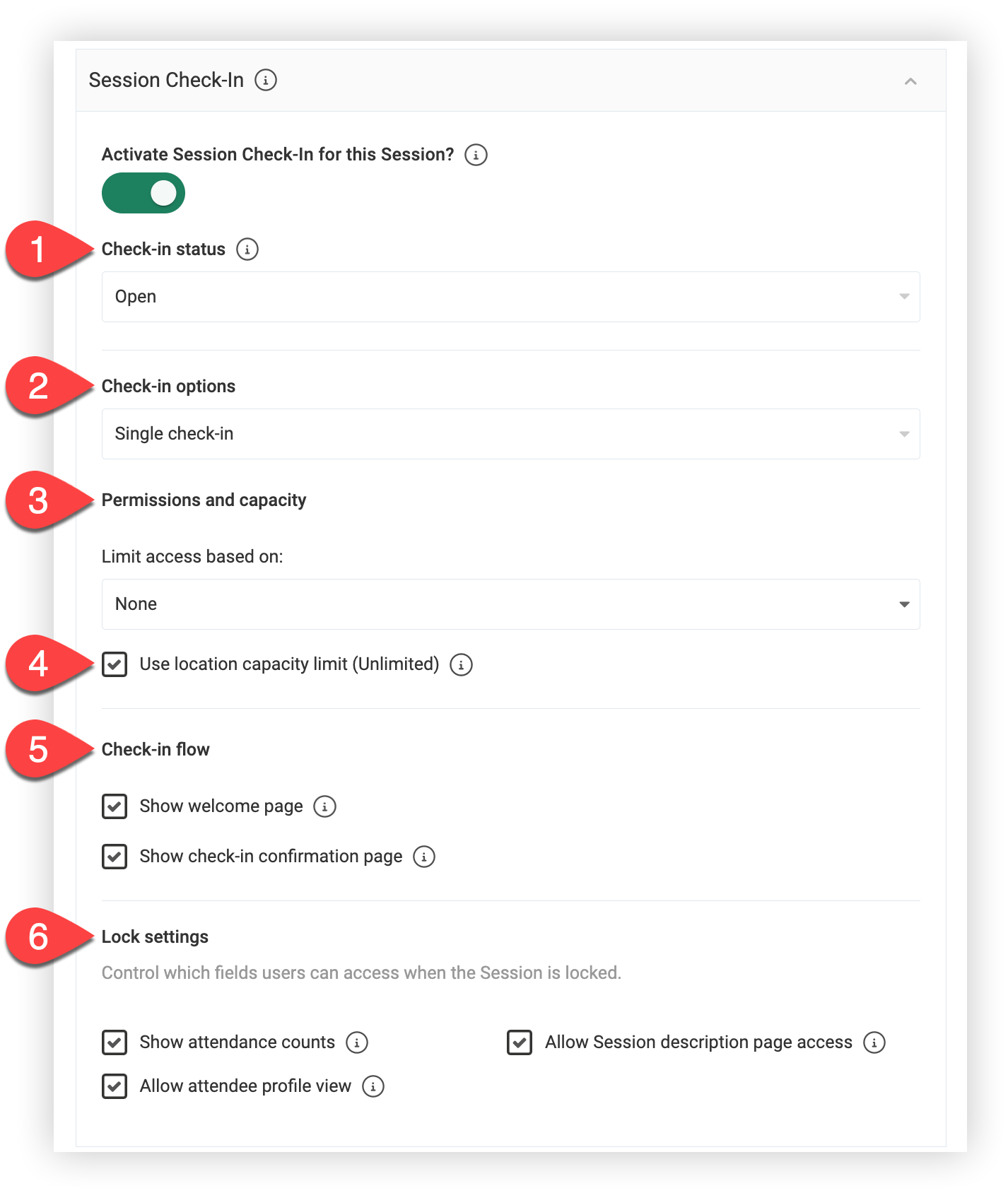 The Session Check-in section of the New Session modal with numbered arrows corresponding to the following numbered list.