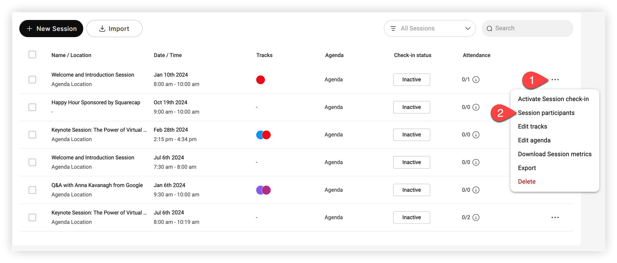 The Settings menu for a session expanded. The Session participants option is indicated.