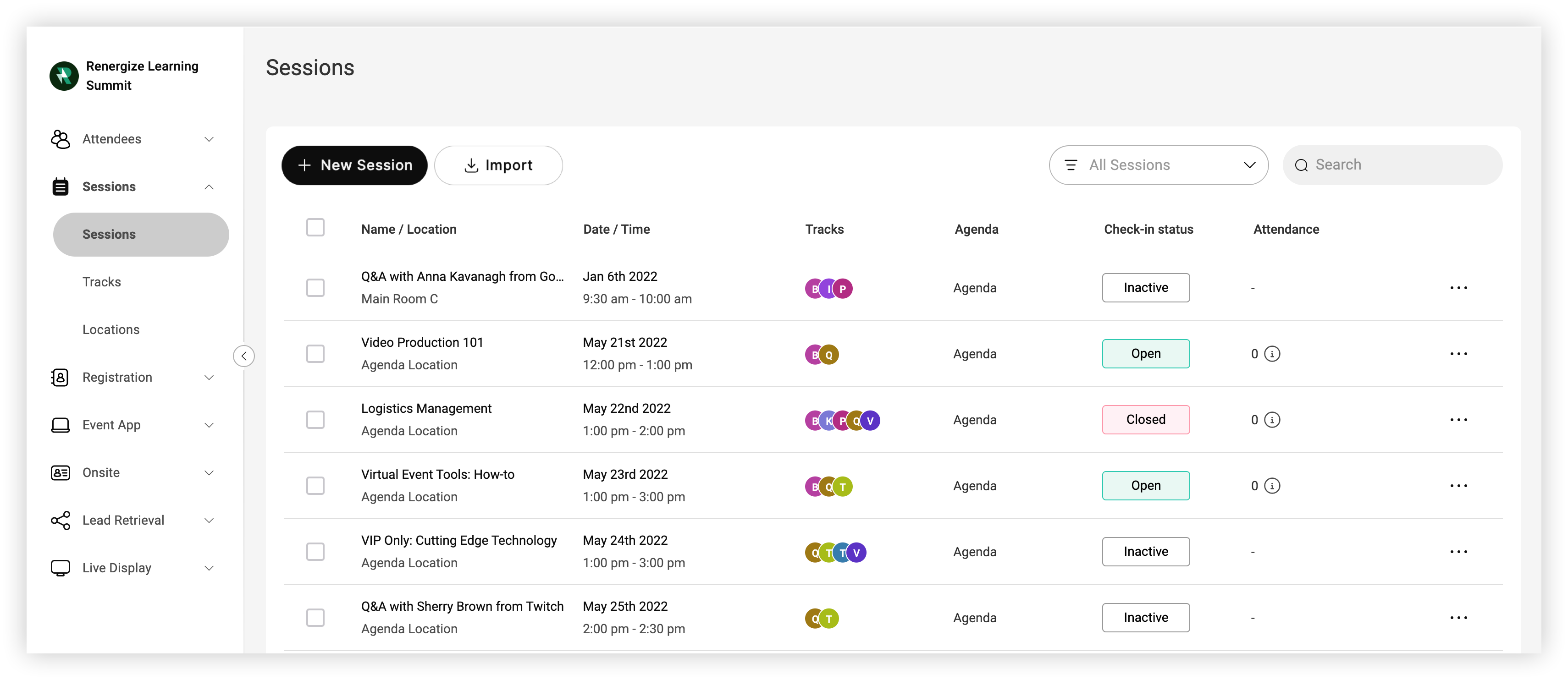 The Sessions page on the Webex Events platform.