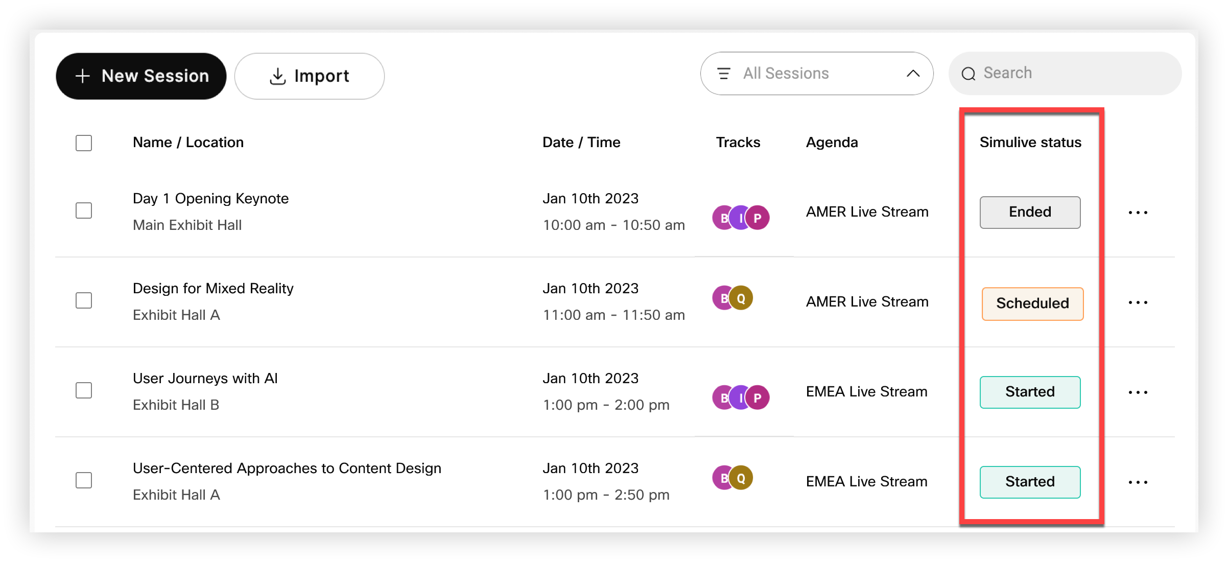 The Simulive status column on the Sessions page.
