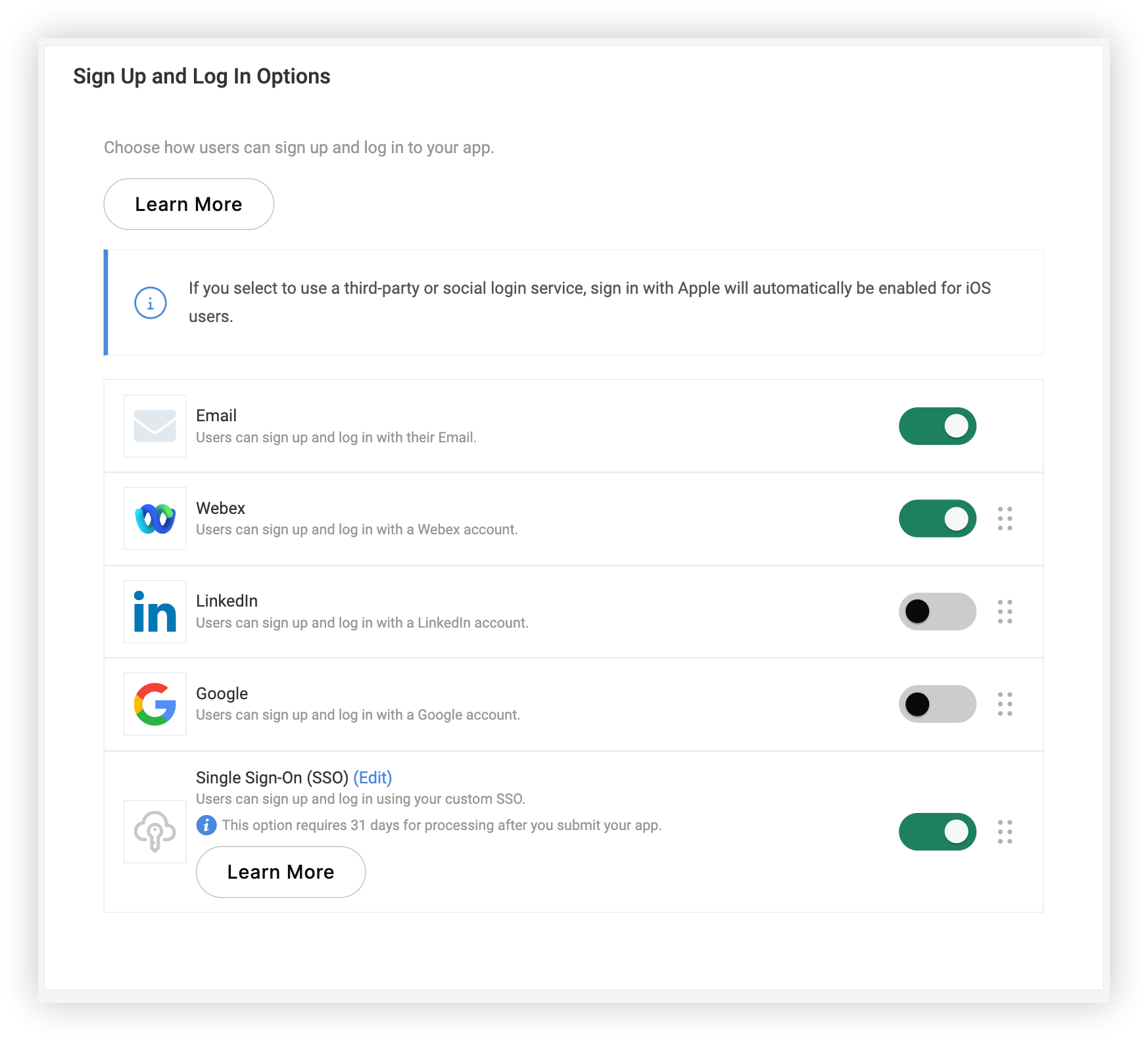 The Sign Up and Log In Options section.