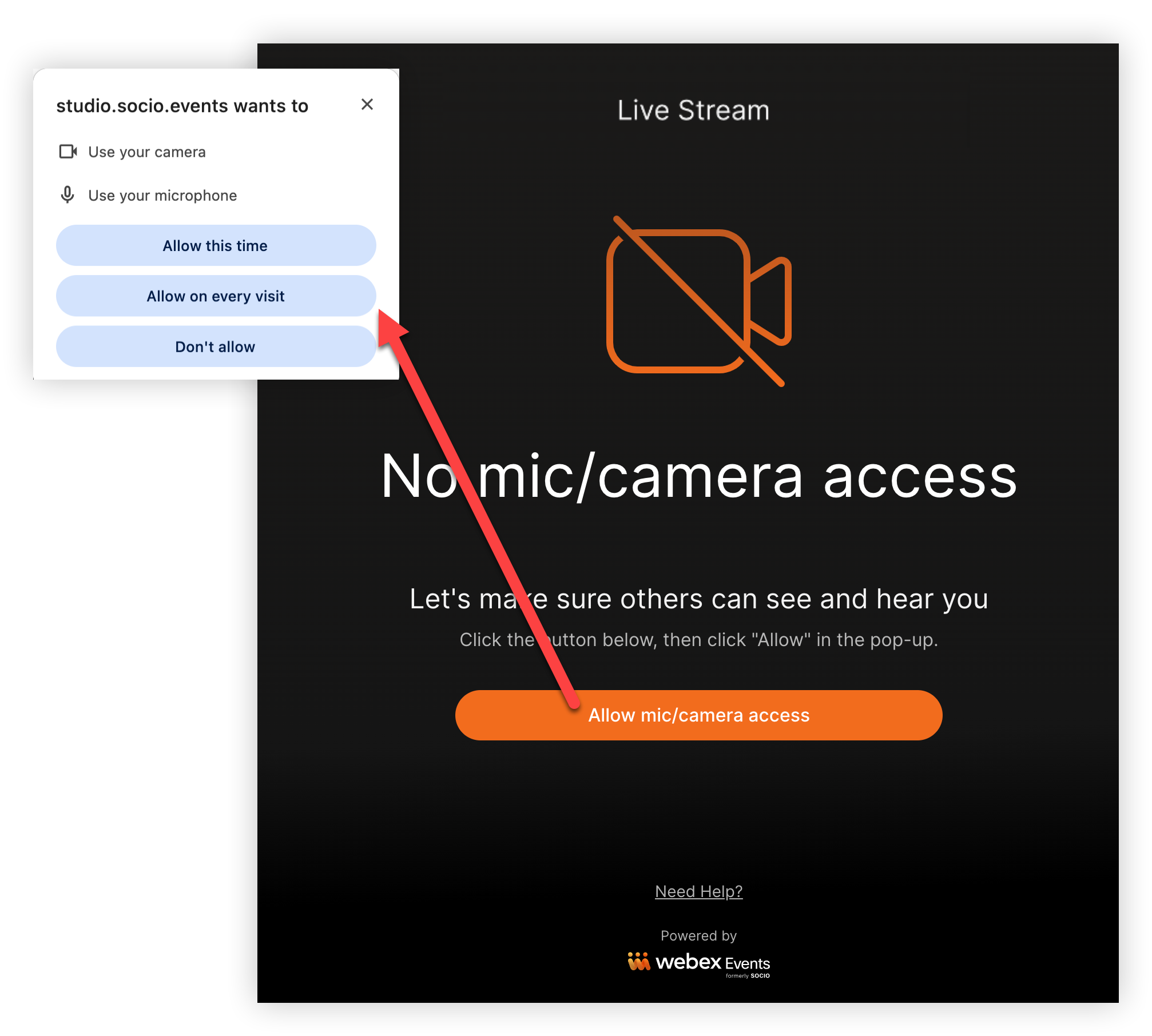 The Allow mic and camera access button and the browser pop-up to allow
              access.