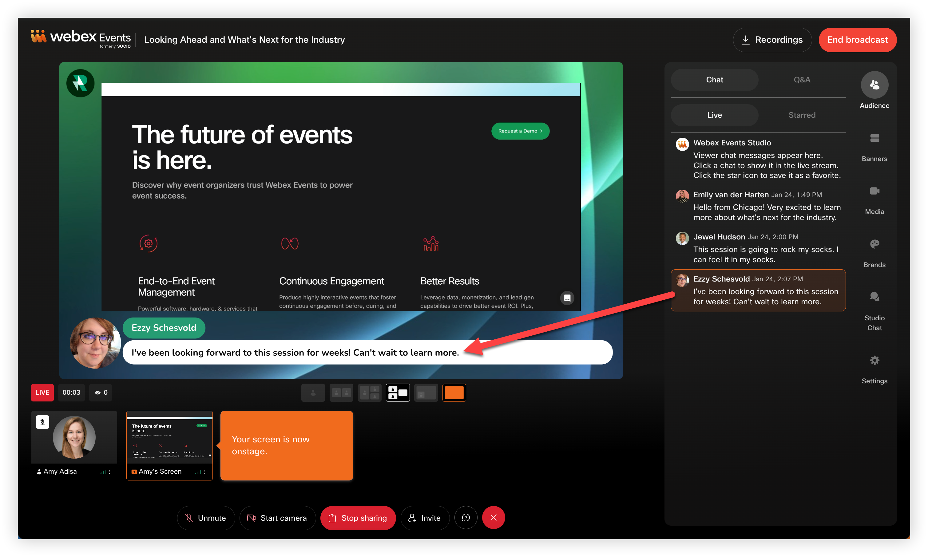 An attendee chat displayed on a Webex Events Production Studio live stream.