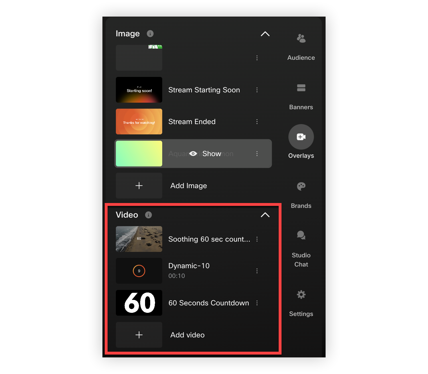 The Video section of the Media tab in the Webex Events Production Studio.