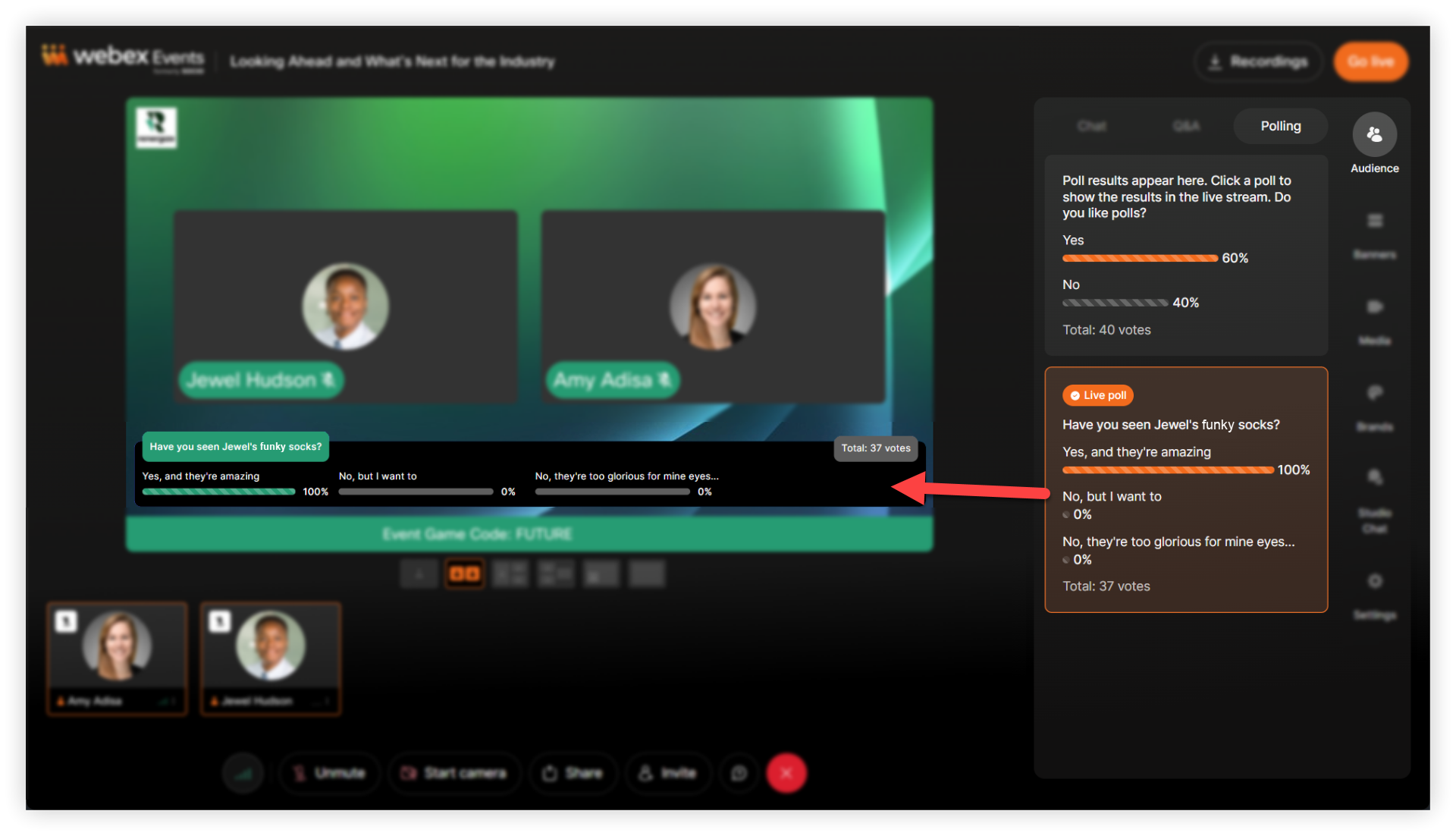 A poll displayed on stage in the Webex Events Production Studio.