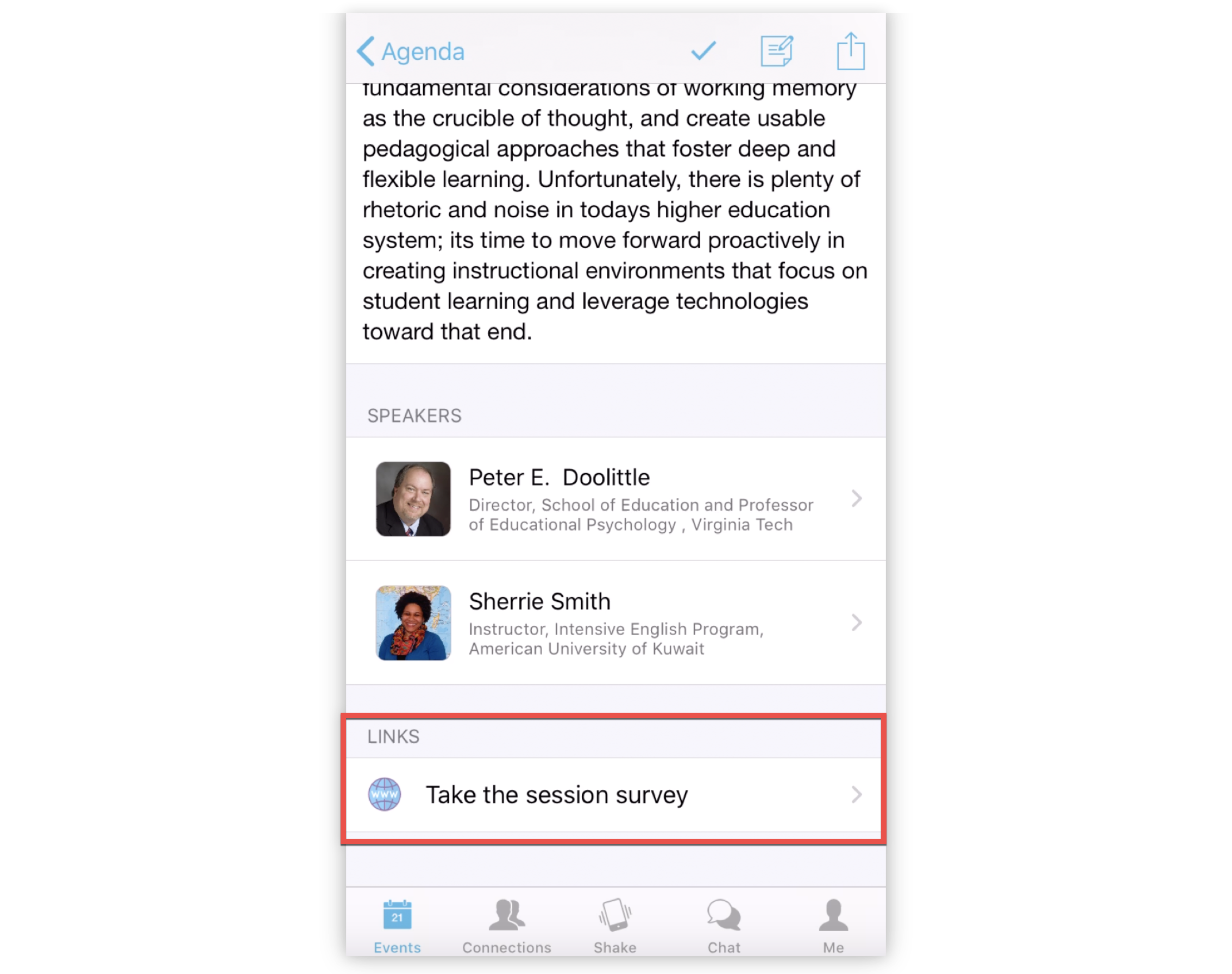 A survey External Link in an Agenda session on the Mobile App.