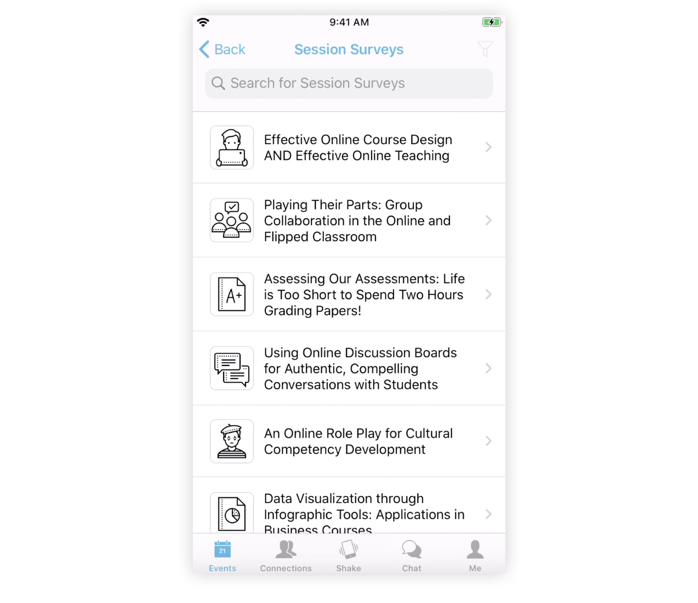A Web List feature named 'Session Survey'. A list of surveys is visible on the Mobile App.