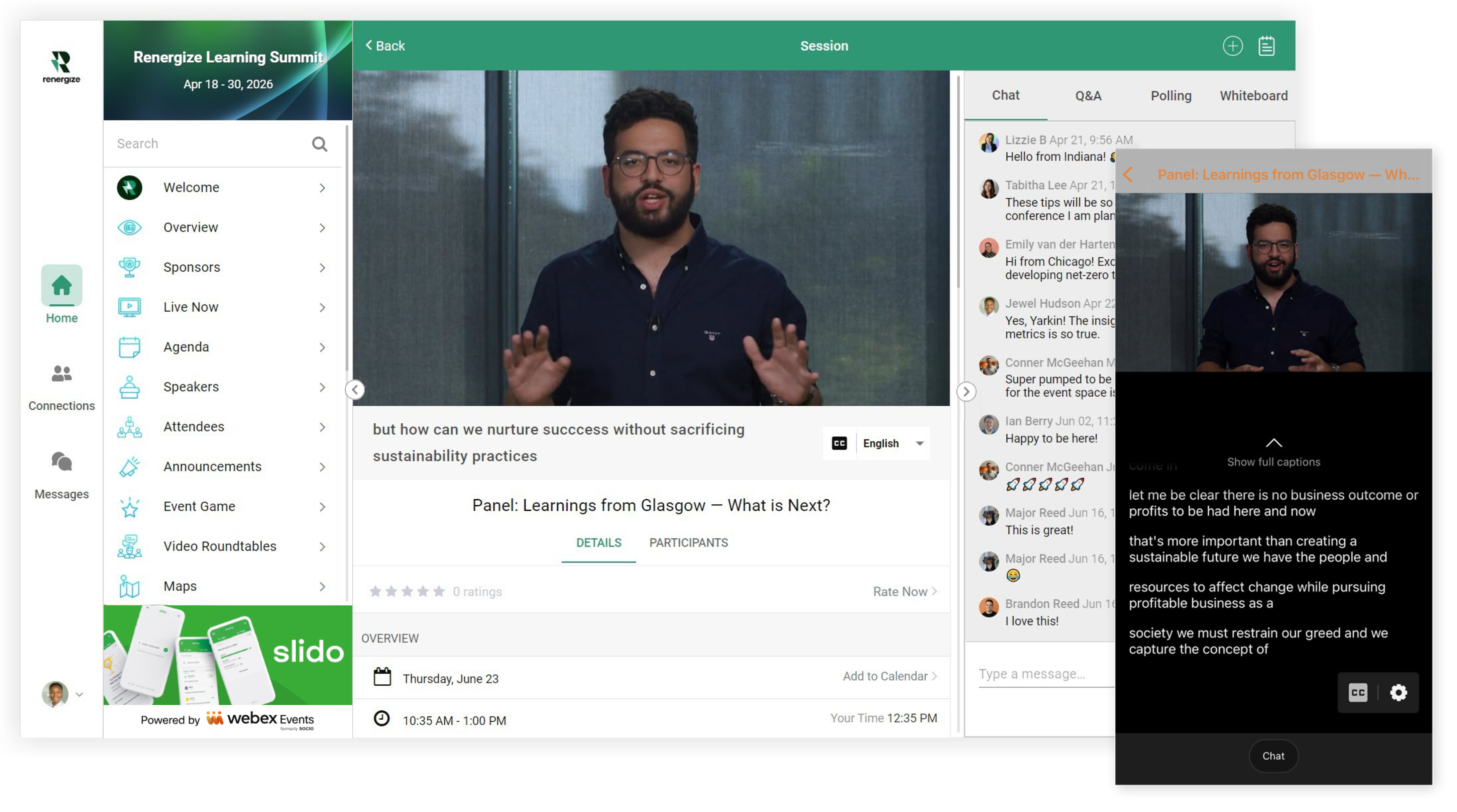 Webex Events Closed Captions and Translations on the Web App and Mobile App.