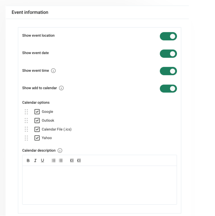 Event information settings on the Appearance page.
