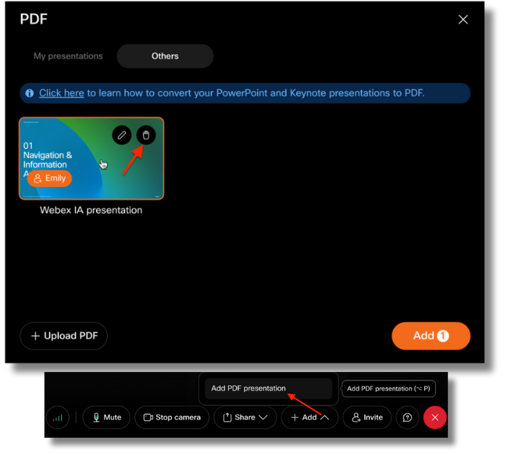 PDF Gallery with delete button highlighted