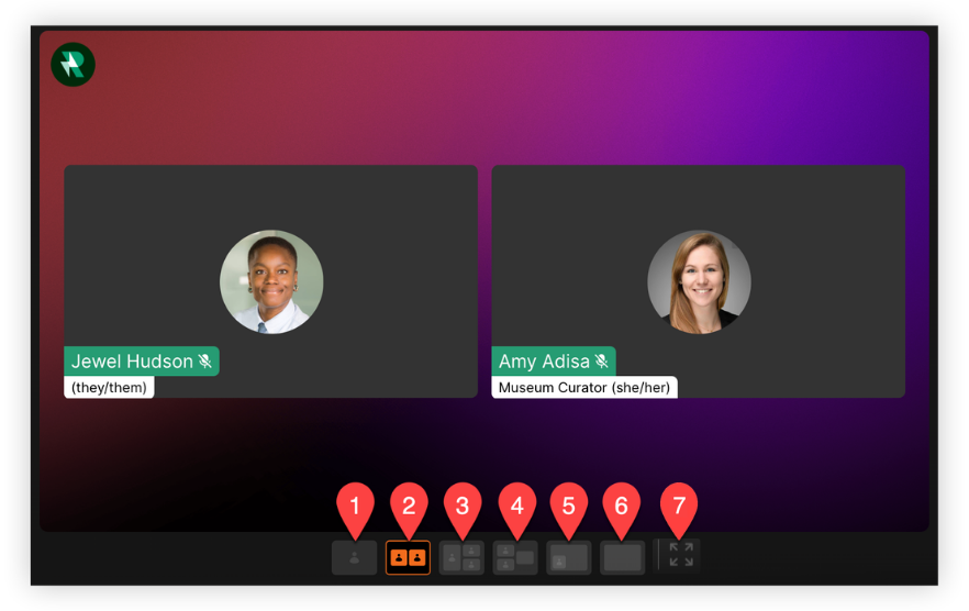 The live stream preview and layout options. Layout options are numbered 1 to 7.