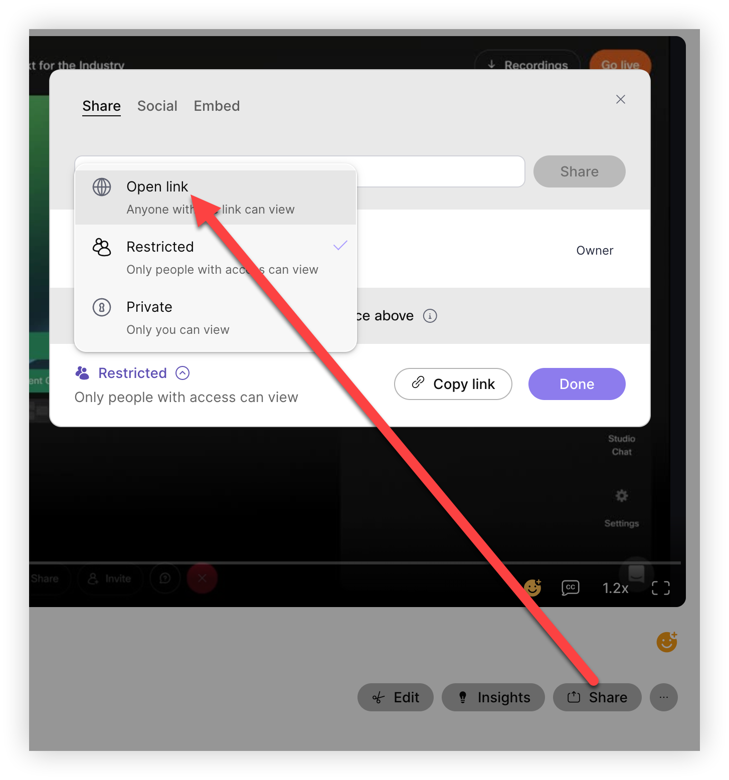 The Open link option in the Share modal.