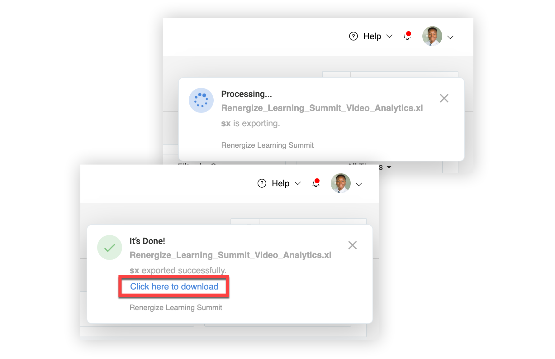 The exporting and export successful notifications.