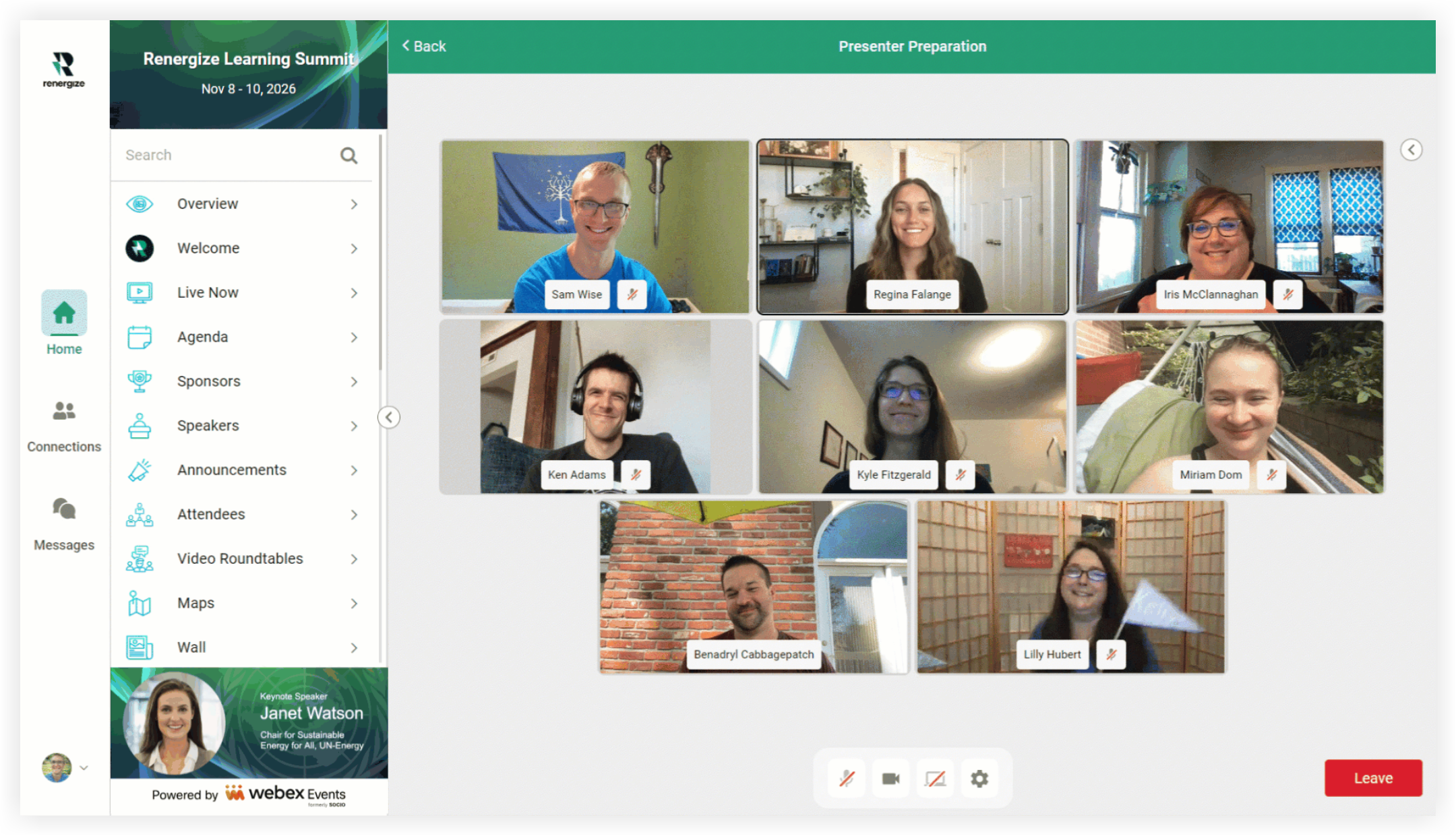 Eight people talking in a Video Room.