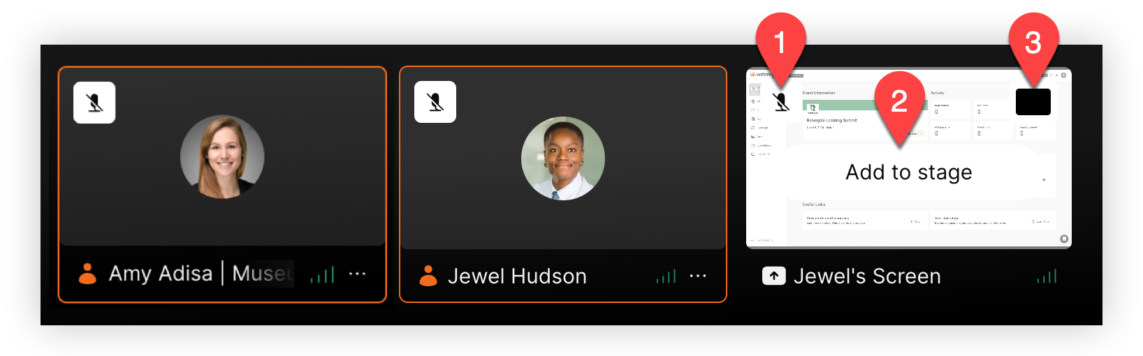 Screen share card functions numbered 1 to 3.