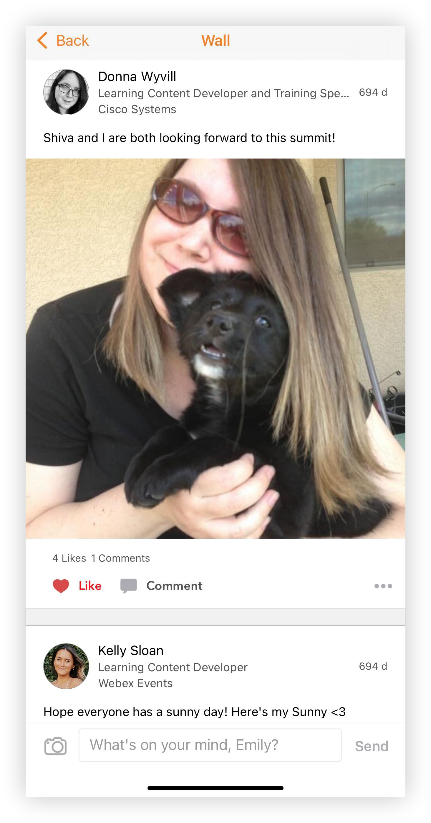 A Wall feature feed on the Mobile App with posts of pictures of attendees' pets.