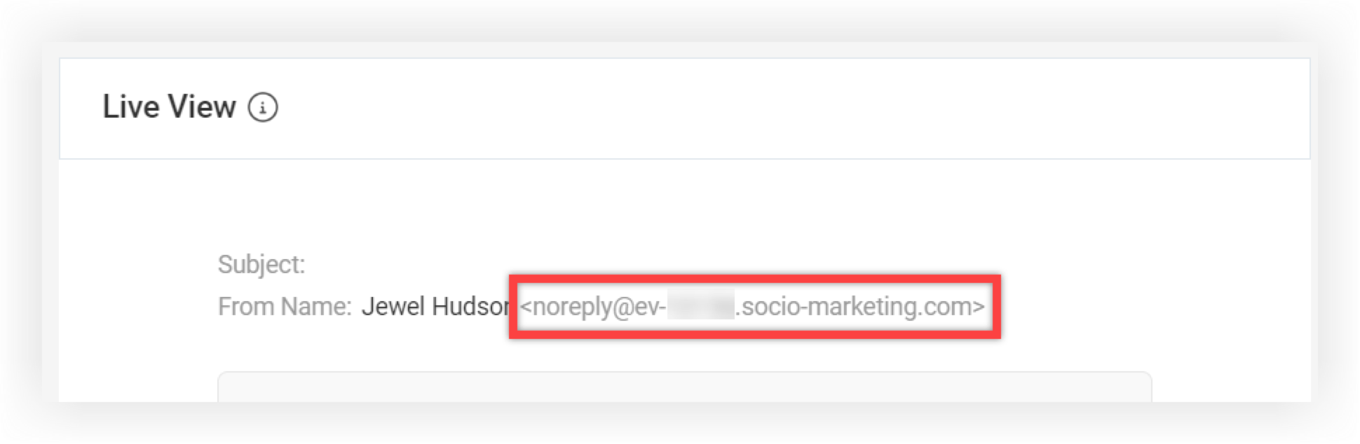 The Live View panel. An example email is highlighted in the From Name field.