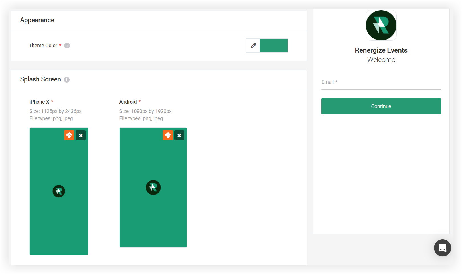 The App Basics page's Appearance, Splash Screen, and Preview sections. A theme color is selected and Splash Screens are added.
