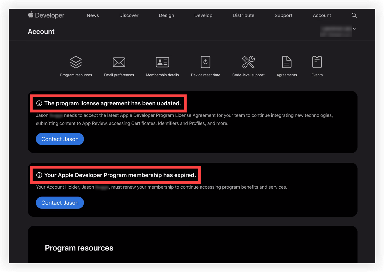 The account action banners in an Apple Developer account.