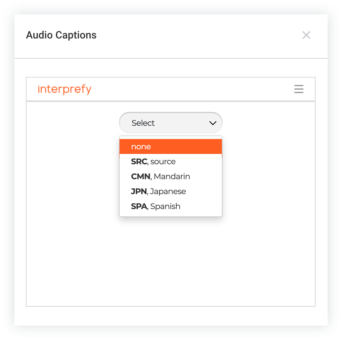 The Audio Captions modal that appears after an attendee clicks the Audio Captions button.