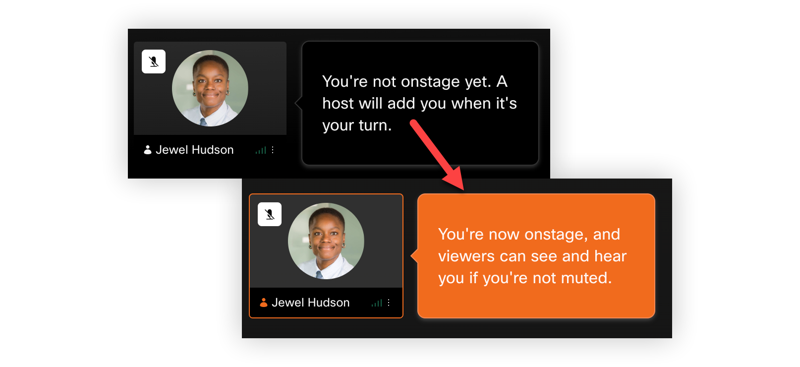 The on stage and off stage messages that appear next to a speaker card.