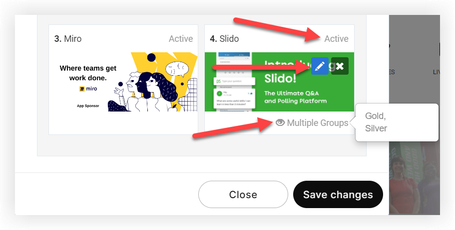 The Manage Banners modal. The pencil icon, active/inactive status, and Groups indicator are highlighted.