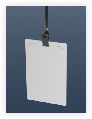 A double-sided badge with a lanyard attached.