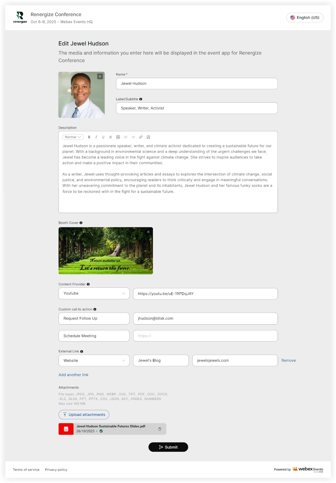 A collaboration form with information and images filled in.