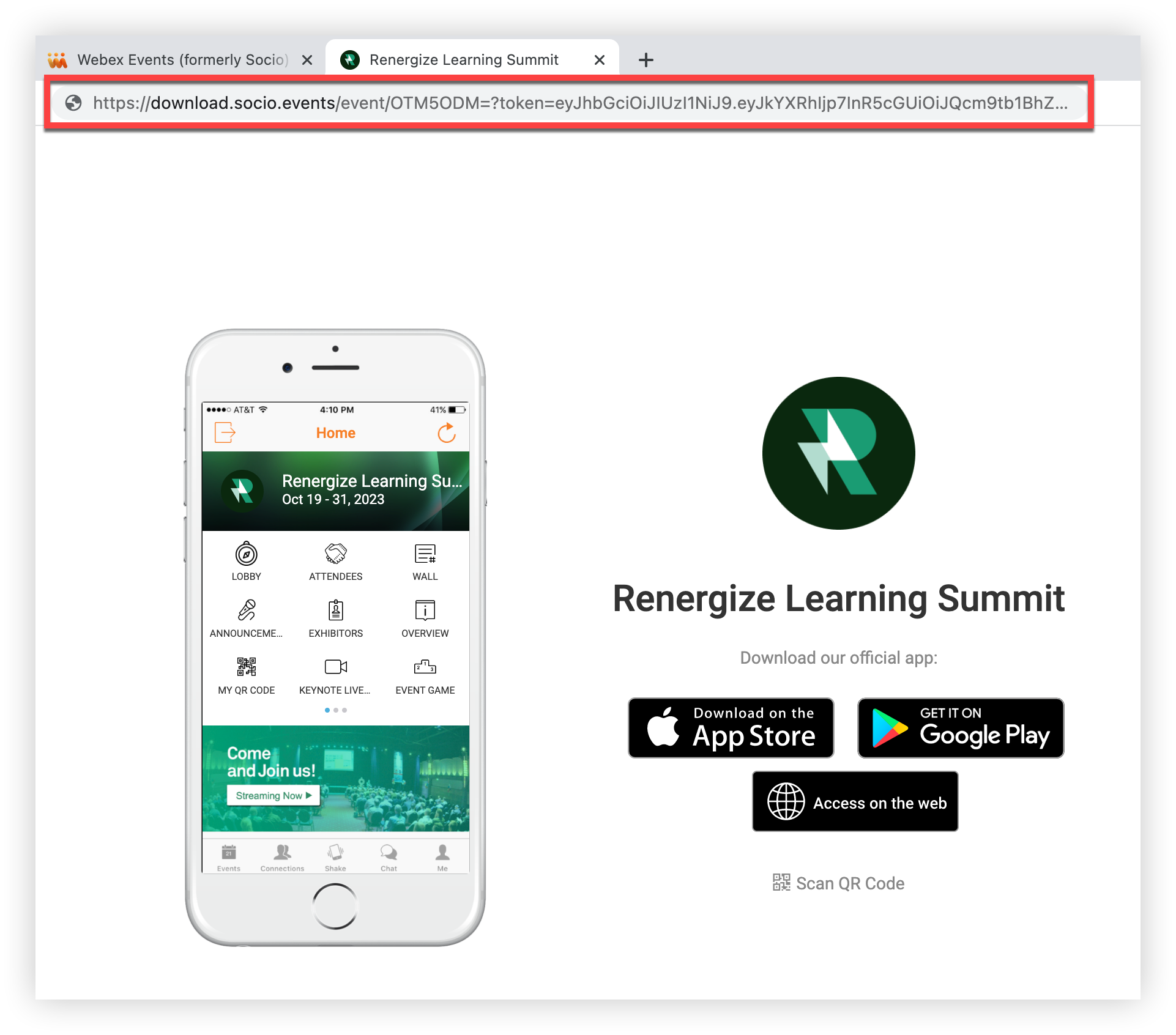 The Event App promo page. The URL is indicated.